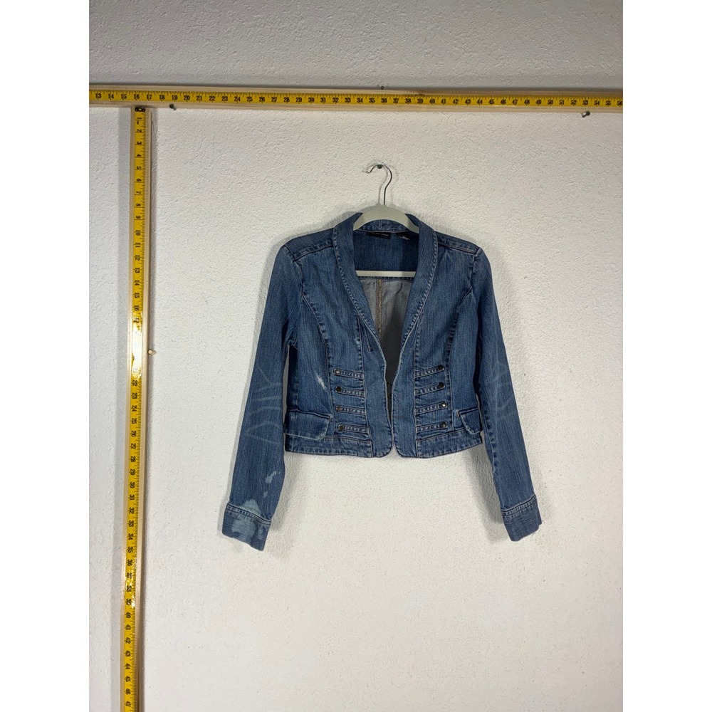 New York & Company Blue Denim Cropped Military Jacket Size 8 Medium Wash Stretch